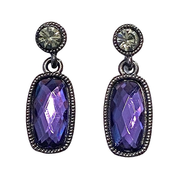 AVON Gunmetal Purple Rhinestone Dangle Earrings - Picture 1 of 2